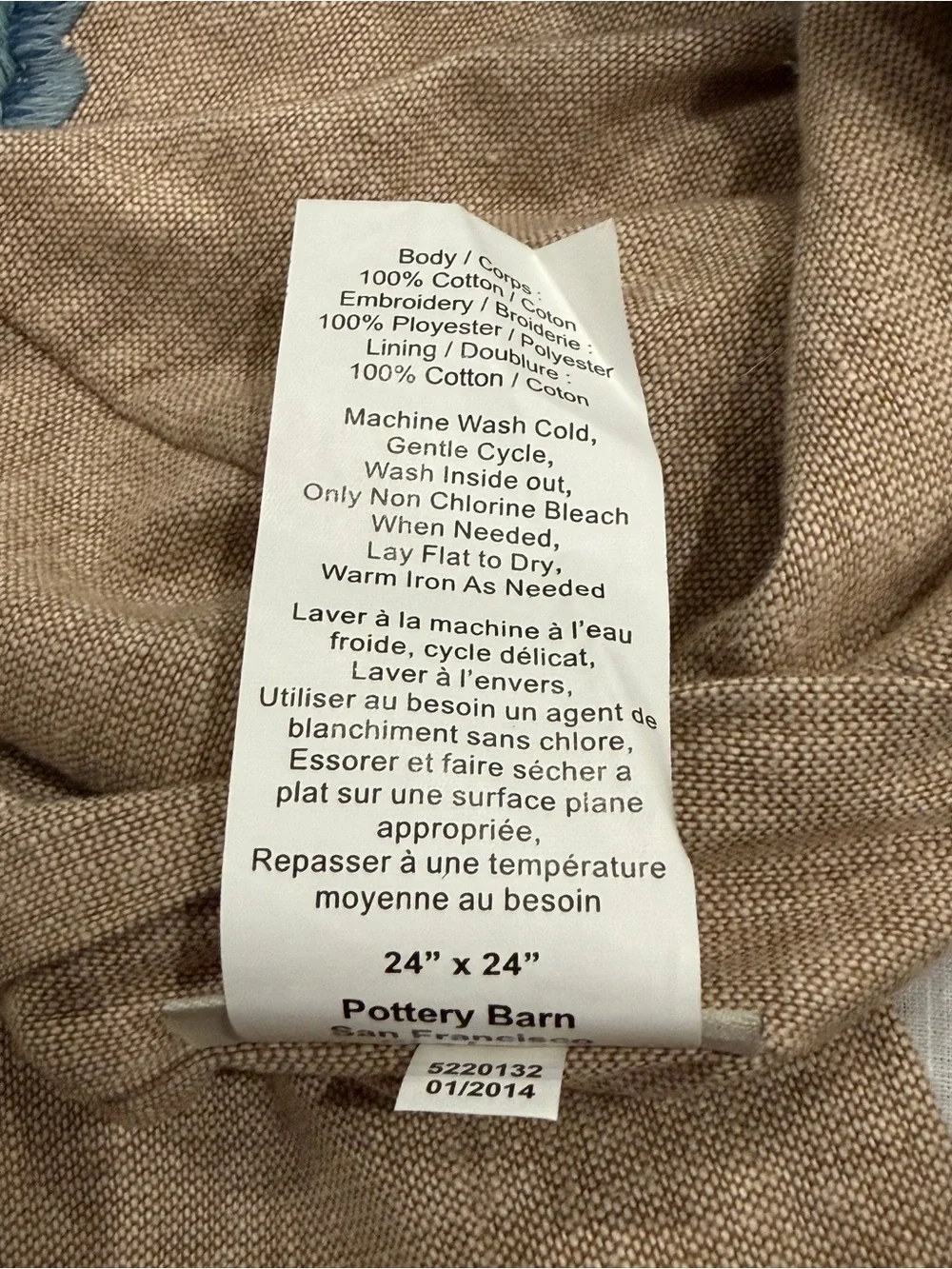 Pottery Barn Blue and Tan Embroidered Floral Pillow Cover